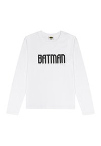 Weißes langärmliges T-Shirt mit auffälligem schwarzen "BATMAN"-Schriftzug auf der Vorderseite; aus weichem Baumwollstoff mit Rundhalsausschnitt und geradem Saum.