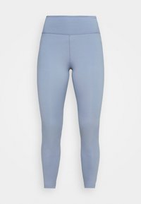 Leggings de color azul claro hechos de un tejido elástico, con una cintura alta y un diseño liso y sin costuras para un ajuste aerodinámico.
