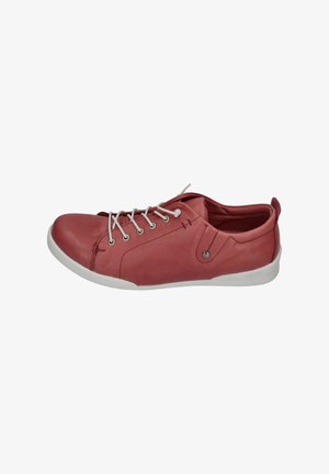 Red leather sneaker with white rubber sole, round toe, and grey laces. Features side stitching and metallic accents on the upper.