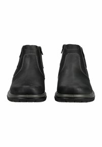 Schwarze Leder-Ankle-Boots mit Seitenreißverschlüssen, kontrastierendem Nähen, runder Zehenpartie und strukturiertem Gummisohle für besseren Halt.