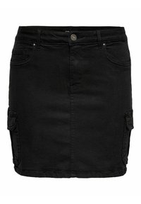 Gonna in denim nero con un design aderente, due tasche frontali e due tasche cargo laterali. Il tessuto è liscio con una leggera elasticità.