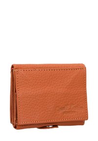 Orange læderpung med tekstureret overflade, der har et fold-over design og syede kanter. Logo prægede på forsiden. Kompakt størrelse.