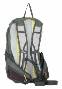 Grüner und grauer Rucksack mit Netzpolsterung, gelben Akzenten, mehreren Riemen und einer seitlichen Reißverschlusstasche. Verfügt über eine Aufhängeöse für zusätzlichen Komfort.