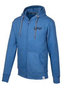 Blaues Zip-Hoodie aus weichem Stoff, mit schwarzem Logo, karierten Kordeln und Fronttaschen sowie gerippten Bündchen und Saum.