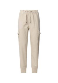 Beige cargo pants with an elastic waistband, drawstring closure, side pockets, and fitted cuffs. Smooth texture and casual design.