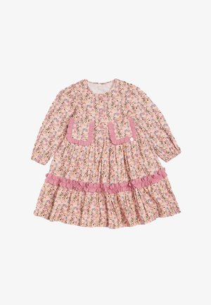 Bloemenprint jurk in roze en roomkleur, met een gerimpeld lijfje, lange mouwen en contrasterende roze afwerking met knopen en zakken.