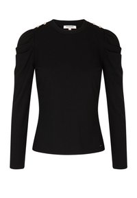 Zwarte geribbelde langemouwen shirt met een ronde ronde hals, voorzien van pofschouders en decoratieve knoopaccenten op de schoudernaden.
