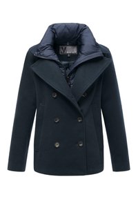 Marinblå dubbelknäppt kappa med en texturerad ullutsida, vadderad krage, stora knappar och sidofickor, med en elegant och modern design.