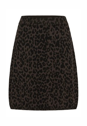 Sukně s leopardím vzorem v tmavě hnědé a černé barvě. Elastický pas, přiléhavý střih, délka nad kolena, hladká textura z pletené tkaniny.