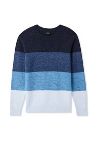 Sweter z dzianiny z szerokimi poziomymi paskami w kolorze granatowym, niebieskim i jasnoniebieskim, z okrągłym dekoltem i długimi rękawami. Miękka tekstura.