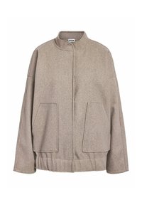 Veste en laine mélangée taupe avec un col montant, des épaules tombantes, de grandes poches avant et un ourlet froncé. Texture lisse, coupe décontractée.