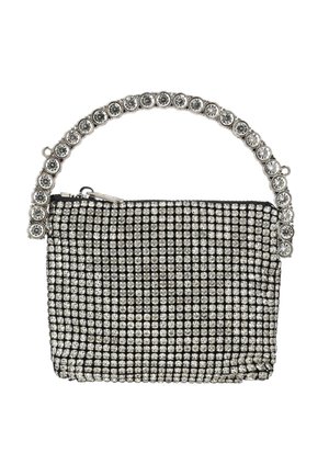 Czarna torebka kopertówka pokryta siatką małych przezroczystych dżetów z uchwytem z dużych okrągłych dżetów.