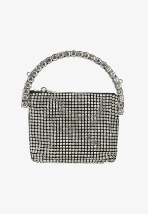 Pochette noire recouverte d'une grille de petits strass clairs et munie d'une anse composée de gros strass ronds.