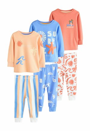 Set bestehend aus Kinder-Loungewear aus Baumwollmaterial. Enthält Sweatshirts in Koralle und Blau mit Grafiken sowie gemusterte Hosen in verschiedenen Farben.