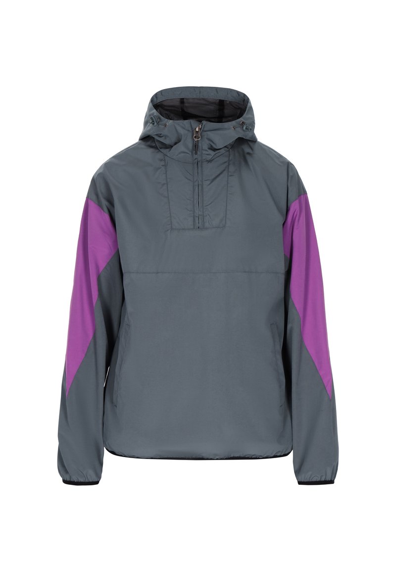Giacca a vento grigia con design a mezza zip, caratterizzata da vivaci accenti diagonali viola sulle maniche e polsini elastici per una vestibilità sicura.