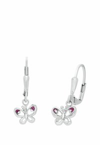 Orecchini a goccia a forma di farfalla in argento con piccole gemme rosa sulle ali superiori e chiusura a lever.