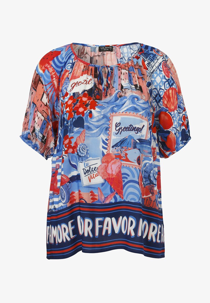 Kurzärmlige Bluse mit buntem grafischen Print, der Eiscreme, florale Motive und Sprüche zeigt. Hergestellt aus leichtem Stoff in Blautönen.