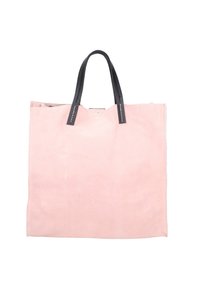 Roze canvas boodschappentas met zwarte leren handvatten. Kenmerkt zich door een minimalistisch ontwerp met stikdetails en een open bovenkant.