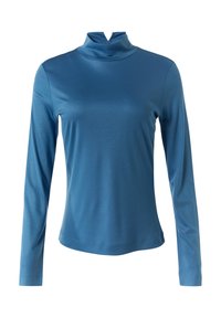 Blauwe top met lange mouwen en een hoge hals, met een gladde textuur, aansluitende silhouet en zonder zichtbare patronen of accenten. Gemaakt van rekbare stof.