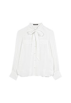 Weißes Bluse mit einer Schleifenkragen, langen Ärmeln, zwei Fronttaschen und einer Knopfleiste. Weicher, glatter Stoff mit dezentem Glanz.