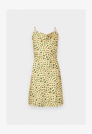 Kollane seelikkleit õhukeste rihmade ja rohelise lehemustriga, millel on kergelt kogutud kaelus ja põlve ületav pikkus.