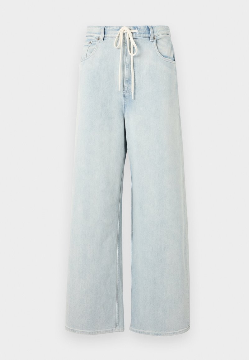 Light blue wide-leg denim pants with front pockets and white drawstring tie at waist, displayed on a plain background.