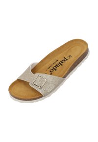 Light gold slide sandal with a textured strap and silver buckle, featuring a cushioned insole and a white, flexible outsole.