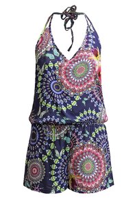 Combinaison bleu marine à col halter, présentant des motifs floraux et géométriques vibrants en rose, vert et bleu. Tissu léger et respirant.