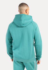 Teal hoodie met een trekkoord in de capuchon, ribgebreide zoom en boorden, zachte stof en raglanmouwen. Heeft een minimalistisch ontwerp.