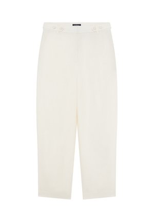 Pantalones blancos de tiro alto y corte cropped, con botones y detalles de lengüeta en la parte delantera, corte de pierna recta y una etiqueta en la cintura que dice "CAROLL".