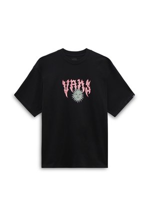Camiseta negra de Vans con el logo Vans en estilo llama rosa encima de un sol gris con una cara en el pecho, mangas cortas y cuello redondo.