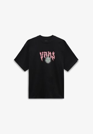 Schwarzes Vans T-Shirt mit pinkem Flame-Style Vans-Logo über einer grauen Sonne mit Gesicht auf der Brust, kurzen Ärmeln und rundem Halsausschnitt.