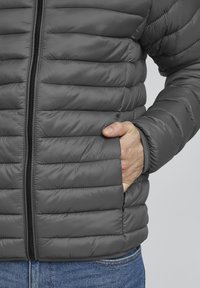 Inimene, kes kannab halli tikitud jope, käsi küljetaskus, seljas sinised teksad, taust on ühtlane.