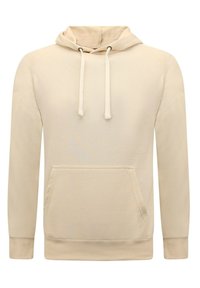 Beige hoodie van zachte stof, met lange mouwen, een voorzak en verstelbare koordjes bij de hals.
