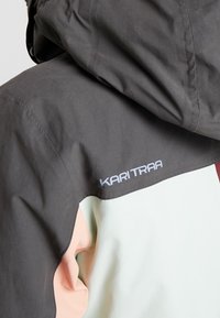 Kolorowa kurtka z szarą kapturem, jasnomiętowym korpusem i brzoskwiniowymi akcentami. Nazwa marki "KARI TRAA" widoczna na ramieniu.