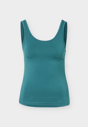 Teal sleeveless tank top with scoop neckline, fitted style, and subtle "BORG" logo near the bottom hem on a plain white background.