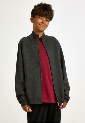 Usmívající se chlapec s tmavě šedou mikinou na zip over červeným tričkem a černými kalhotami na jednobarevném bílém pozadí.