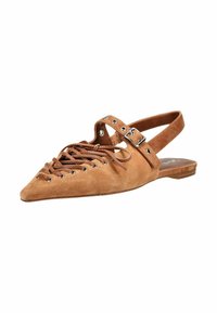 Zapato plano de ante marrón con punta en pico, cordones en la parte delantera y correa ajustable con hebilla en el talón.