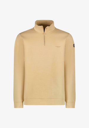 Lichtbeige sweatervest met kwartrits, gemaakt van gladde stof, met lange mouwen en een subtiele logodetail op de linkermouw.