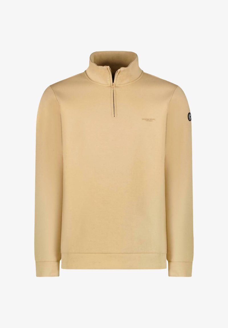 Lichtbeige sweatervest met kwartrits, gemaakt van gladde stof, met lange mouwen en een subtiele logodetail op de linkermouw.