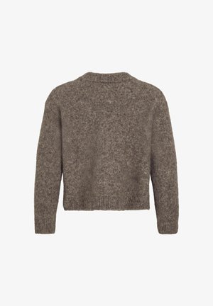 Rudas vilnonis megztinis su trumpu dizainu, apvalia iškirpte ir ilgomis rankovėmis; turi minkštą, tekstūruotą paviršių be jokių raštų.