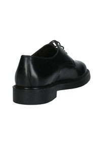 Scarpa in pelle nera con punta rotonda, superficie liscia e tacco basso impilato. Presenta lacci e un design semplice e classico.