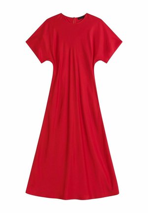 Röd midiklänning med kort ärm, rundad halsringning och en avslappnad, något utflugen silhuett, liggande platt på en vit bakgrund.
