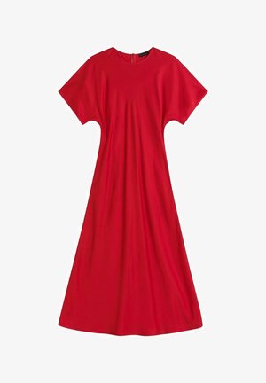 Röd midiklänning med kort ärm, rundad halsringning och en avslappnad, något utflugen silhuett, liggande platt på en vit bakgrund.