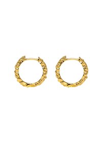 Guld hoop øreringe med en tekstureret, ujævn overflade. Cirkelrunde med en sikker lås. Letvægts metallic design.