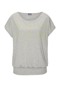 Light gray short-sleeve t-shirt made of soft fabric, featuring bold yellow text "VENICE BEACH" in a modern font. Loose fit with a gathered hem.