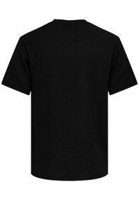 T-shirt noir à manches courtes avec col rond, vu de dos, en tissu uni texturé et coupe régulière.