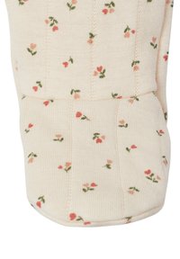 Kniestrümpfe in weichem Creme-Strick mit pinkem Blumenmuster, das grüne Blätter und eine subtile Rippenstruktur zeigt, verstärkter Zehen- und Fersenbereich.