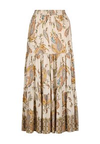 Maxi-Rock mit Blumenmuster aus leichtem Stoff, ausgestattet mit einem gestuften Design, einem elastischen Bund und Farbtönen von Creme, Rost, Blau und Grün.