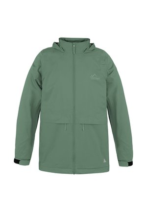 Grüne wasserdichte Jacke mit durchgehendem Reißverschluss, verstellbarer Kapuze und elastischen Bündchen. Mit einem Logo und einem horizontalen Taschendesign.